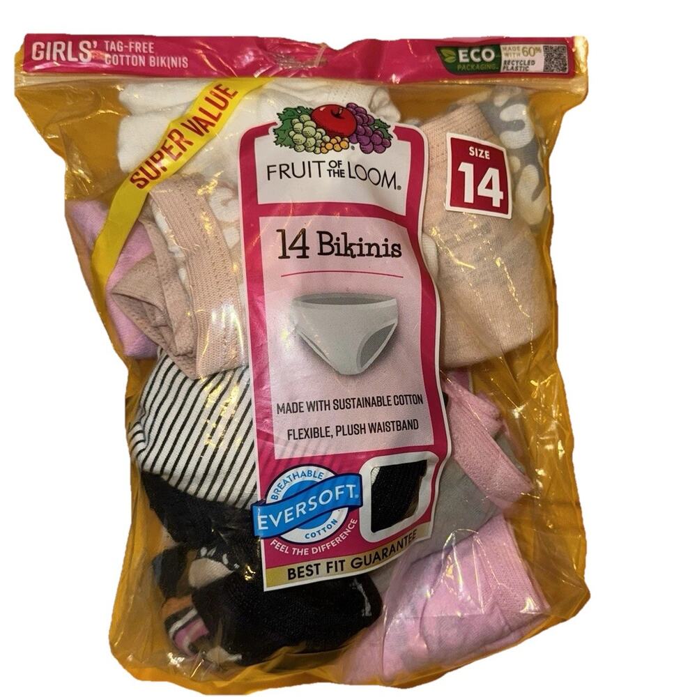 Fruit Of The Loom 12 Pack, Girls Tag Free Cotton Bikini Underwear Size 14